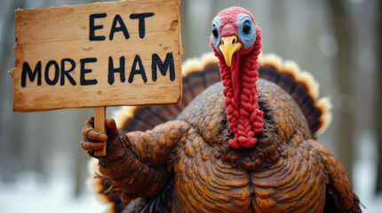 Humorous Thanksgiving Turkey Holding "Eat More Ham" Sign in Autumn Forest – Fun, Quirky, and Festive Holiday Image