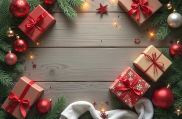 Modern festive spirit. Top view shot showcasing ribbon-wrapped presents, opulent baubles, reindeer and snowflake details, golden sequins against green background with space for personalized wishes