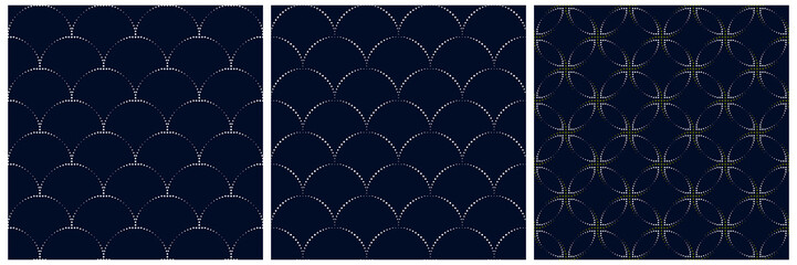 Scallop shapes pattern modern Japanese style motif classic blue minimal background. Repeat dot line elements abstract fabric design textile swatch all over print block. Vector graphic set.	