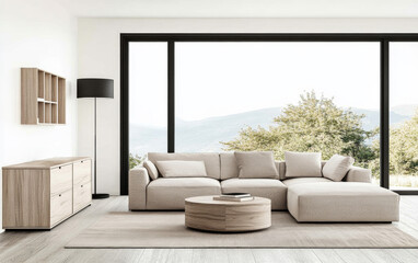 Modern living room with a sectional sofa, wooden accents, and large windows offering a view of mountains and trees
