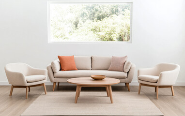 Cozy and modern living room setup featuring a light-colored sofa and armchairs near a large window with natural light
