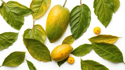 Obraz premium A serene top-view composition of vibrant green mango leaves arranged on a clean white background, isolated with a