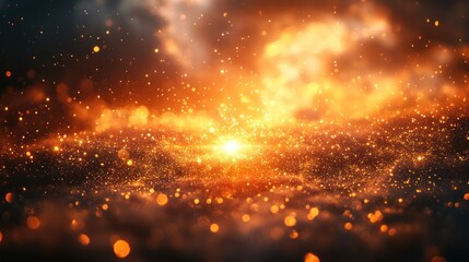 Obraz premium Abstract background with fiery orange and yellow glow, sparkling dust and particles, and smoke.