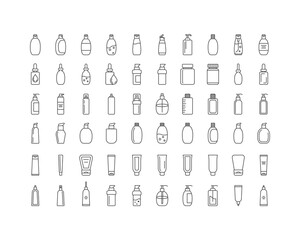 Collection vector icons of beauty, cosmetics and care. Bottle, jar, shower gel, face cream, body lotion, spray, ointment, paste.