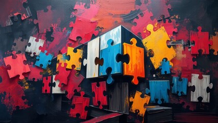 Obraz premium A sleek, modern logo design concept featuring a stylized building framework composed of interconnected puzzle pieces,