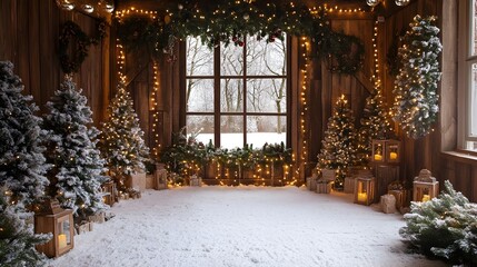 Cozy and festive Christmas photography backdrop featuring a snowy indoor scene with rustic wooden holiday lights