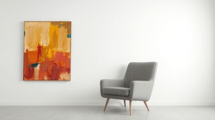 A sleek grey armchair sits poised against a crisp white wall, alongside a vibrant oil painting that adds