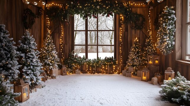 Cozy and festive Christmas photography backdrop featuring a snowy indoor scene with rustic wooden holiday lights