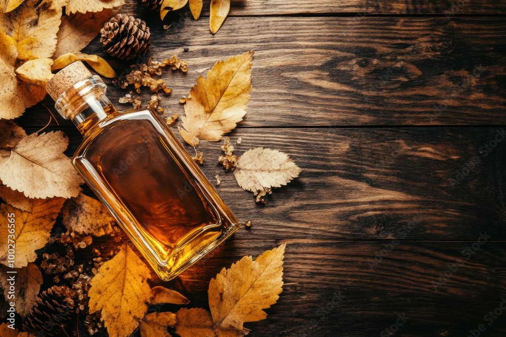 Poster A close-up view of a whiskey bottle surrounded by autumn leaves and pinecones on a rustic wooden surface. Generative AI