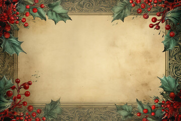 Vintage paper card with grunge texture and floral design, featuring Christmas branches and flowers as a border,Generated B y Ai