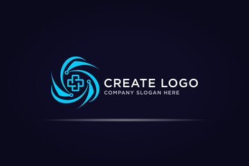 circular shield cross health technology logo design