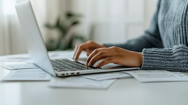 Person typing on a laptop with documents spread out on a desk.