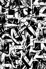 Fototapeta premium Abstract black and white graffiti pattern with geometric shapes and splatters.