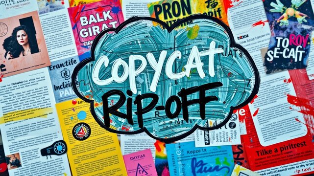 A thought bubble with words "copycat" and "rip-off" scribbled inside, surrounded by blurred texts and images,