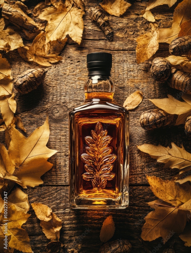 Poster a close-up view of a whiskey bottle surrounded by autumn leaves and pine cones, capturing the essenc