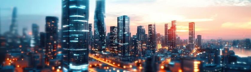 Obraz premium City of the future with floating parks, multi-level walkways, and shimmering light shows in the evening sky, fully automated transport systems