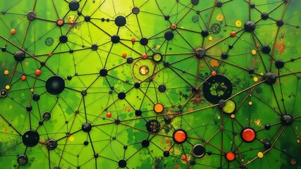 A vibrant green modern background features intricate networks of lines, shapes, and textures, creating a dynamic