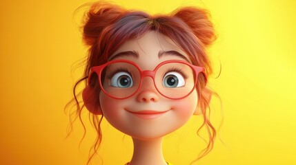 Smiling cartoon girl with red hair and glasses on a yellow background.