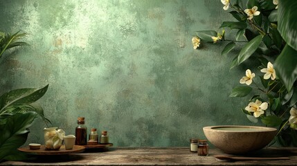 A background for ayurvedic products, earthy feel, photorealistic, products focused