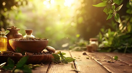 A background for ayurvedic products, earthy feel, photorealistic, products focused