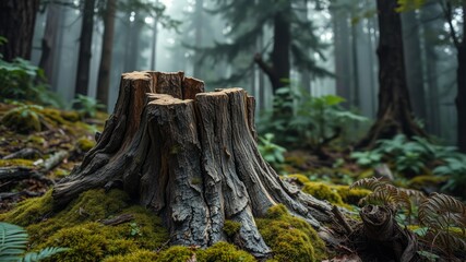 Fototapeta premium A weathered tree stump rises from the ground, its rugged surface cracked and worn, surrounded by a carpet