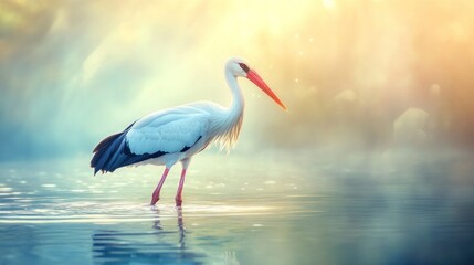 Fototapeta premium A white stork stands in a lake with the sun shining behind it.