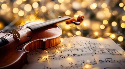 Violin on Sheet Music with Festive Lights.