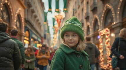 A young girl wearing a bright green hat and a festive coat blends into the vibrant crowd gathered