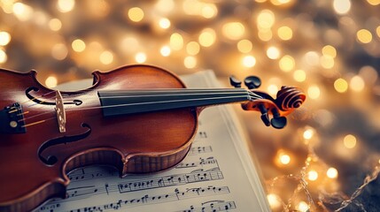 A wooden violin resting on sheet music with a bokeh background of warm, golden lights.