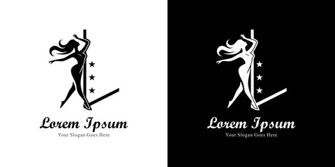 L-shaped logo design combined with the silhouette of a dancing woman