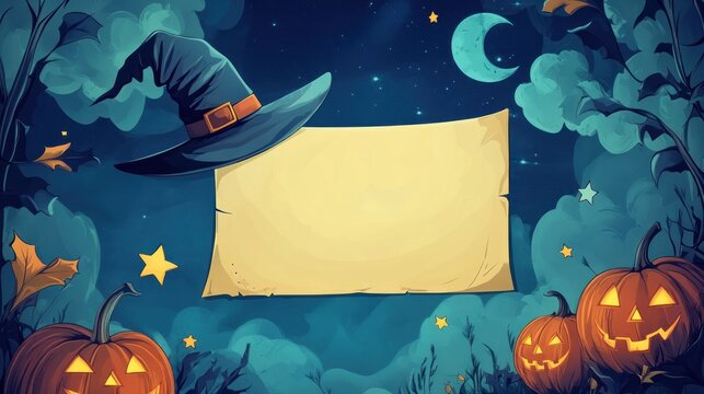 Halloween night with a witch hat, blank paper scroll, jack-o-lanterns, and crescent moon. - Powered by Adobe