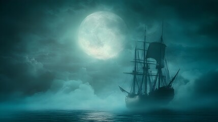 Ghostly silhouette of a ship emerging from the thick mist over the Bermuda Triangle under a hauntingly beautiful moonlit sky creating an eerie and mysterious atmosphere of adventure and the unknown