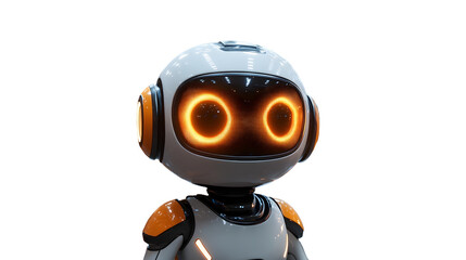 Fototapeta premium Cheerful 3D Cartoon Robot Icon Character with Smiling Facial Expression on Transparent Background,Representing Technology,Automation or Intelligence Concepts