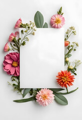 A blank white card surrounded by a vibrant arrangement of flowers. The flowers create a colorful border around the card, ideal for invitations or greeting cards.