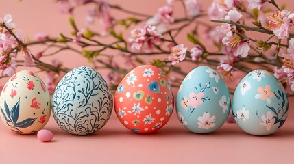 Fototapeta premium Beautifully crafted and colorful Easter eggs featuring unique designs bright pastel hues and delicate floral elements creating a joyful and festive holiday atmosphere