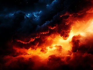 Fototapeta premium Smoky firelight blending with the stars and planets in a dark, moonlit sky, Fire and Stars Sky, Mystical atmosphere