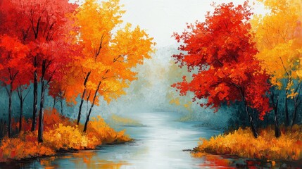 Autumn forest with trees in shades of red, orange, and gold, leaves falling gently, and a misty river winding through the tranquil scene
