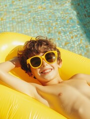 Overjoyed laughing smiling exited child in swimming pool floating on inflable, Little boy having fun on family summer vacation in tropical hotel resort, tourism, generative ai