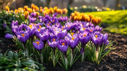 Vibrant purple and yellow crocuses blooming in a garden during springtime, showcasing nature&rsquo;s beauty and the season&rsquo;s renewal