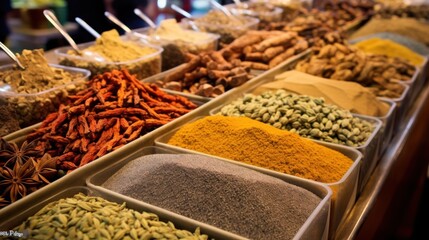 Fototapeta premium A vibrant variety of spices and dried herbs are neatly arranged, presenting a vivid palette of colors and rich textures.