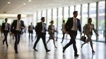 Busy business people walking in office lobby fast moving with blurry.