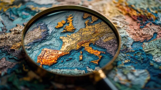 A magnifying glass over a detailed, colorful map of Europe with mountainous terrain and blue seas.