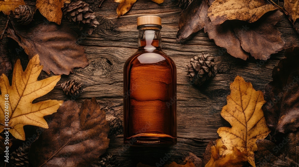 Poster close-up view of a whiskey bottle surrounded by autumn leaves and pine cones on a wooden surface. ge
