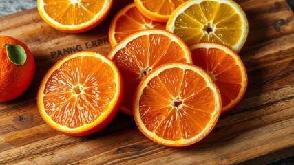 Vibrant orange and lemon slices arranged artfully on a rustic wooden cutting board, emitting a warm glow and
