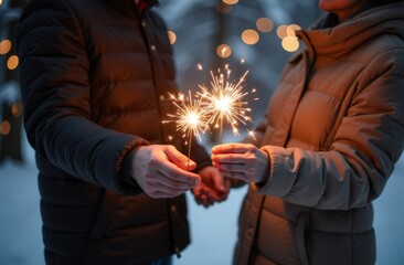 Young cheerful couple having fun with sparklers on New Year's eve at home.