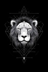 A black and white illustration of a lion's head with geometric patterns.