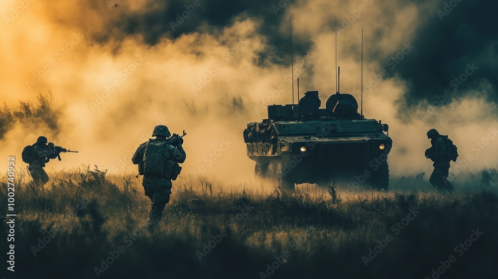 Wall mural Silhouettes of soldiers walking in front of an armored vehicle in a cloud of dust.