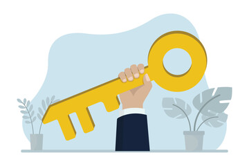 Key to success, businessman hand holding golden key. Business vector illustration.