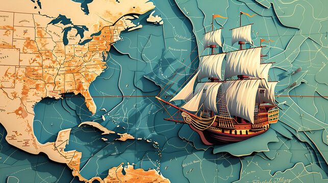 Columbus Day celebration, ship sailing across the map of early American exploration