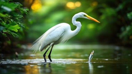 Obraz premium White egret bird standing in a stream with a fish jumping out of the water.